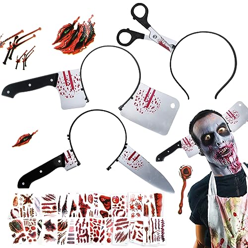 Halloween Haarreifen Set, 3 Stück Horror Haarreif Tattoo Aufkleber, Halloween Stirnband mit Hackmesser Messer Schere, Kostüm Requisiten Fasching Karneval Party Cosplay von Sprinlot