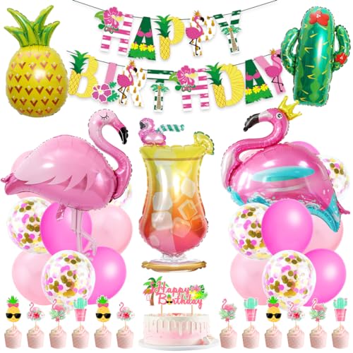 Hawaii Party Deko, Flamingo Geburtstags Deko, Folienballon Flamingo Frucht, Beach Hawaii ballons mit Banner, Hawaii Dekoration Set für Geburtstags Party Tropische Sommer Strand Zubehör von Sprinlot