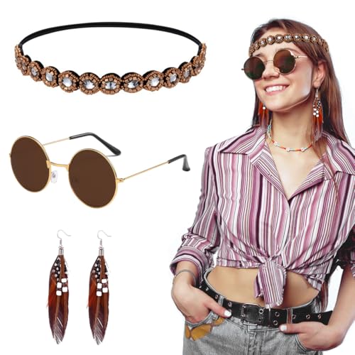 Hippie Accessoires, Hippie Brille + Feder Ohrringe + Boho Haarschmuck, Hippie Zubehör, Hippie Kostüm für 60er 70er Jahre Mottoparty Fasching Karneval Halloween ST-TOY-A34 Hippie Accessoires, Hippie Brille + Feder Ohrringe + Boho Haarschmuck, Hippie Zubehör, Hippie Kostüm für 60er 70er Jahre Mottoparty Fasching Karneval Halloween ST-TOY-A34 von Sprinlot