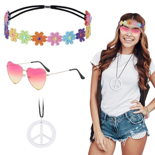 Hippie Accessoires, Hippie Brille + Peace Kette + Blumenkranz Haare Hippie, Hippie Zubehör, Hippie Kostüm für 60er 70er Jahre Mottoparty Fasching Karneval Halloween A34 von Sprinlot