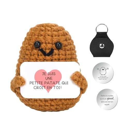 Positive Kartoffel, positive Kartoffel auf Französisch mit motivierender Botschaft, Braun Mini-Puppe, Geschenkidee für Familie, Freunde, Paare, Kinder, gestrickt geeignet für Erwachsene und Kinder von Sprinlot