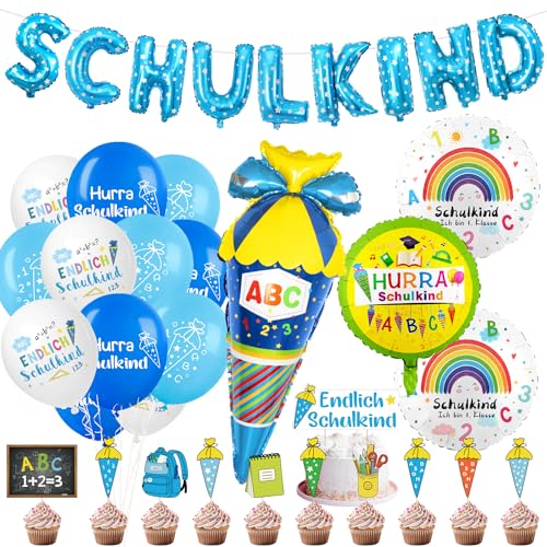 Deko Einschulung Junge: Schuleinführung Schulanfang Set - Folienballon Schulkind, Girlande Banner, Tortendeko, Zuckertüte, Luftballon von Sprinlot