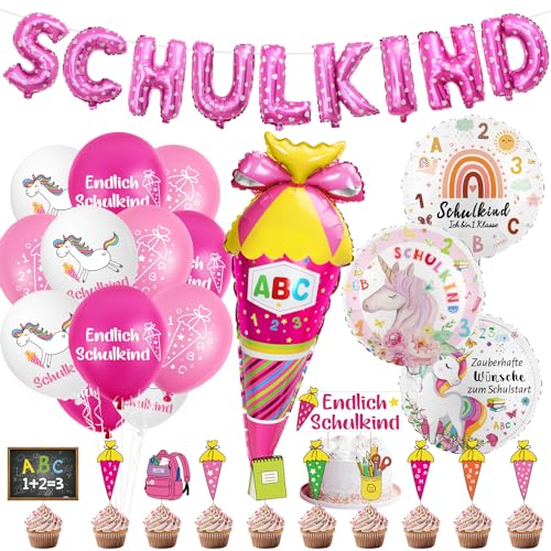 Einschulung Deko Set für Mädchen - Schuleinführung Schulanfang mit Schulkind Folienballon Banner, Zuckertüte Folienballon, 18 Luftballons und 12 Tortendeko von Sprinlot
