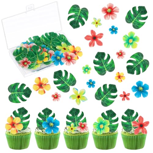Sprinlot 83 Stück Papier Tortendeko, 48 Stück Schildkröten Blätter, 35 Stück Blumen für Torte, Tropische Dschungel Tortendeko, Cupcake Deko für Hawaii Aloha Summer Theme Party von Sprinlot