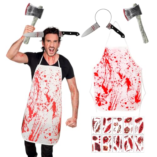 Sprinlot Halloween Horror Schürze, 4 Stück Halloween Kostüm Horror Set, Messer Haarband mit Blutige, Zombie Kostüm Damen, Horror Accessoires Kostüm Halloween Karneval Sprinlot Halloween Horror Schürze, 4 Stück Halloween Kostüm Horror Set, Messer Haarband mit Blutige, Zombie Kostüm Damen, Horror Accessoires Kostüm Halloween Karneval von Sprinlot