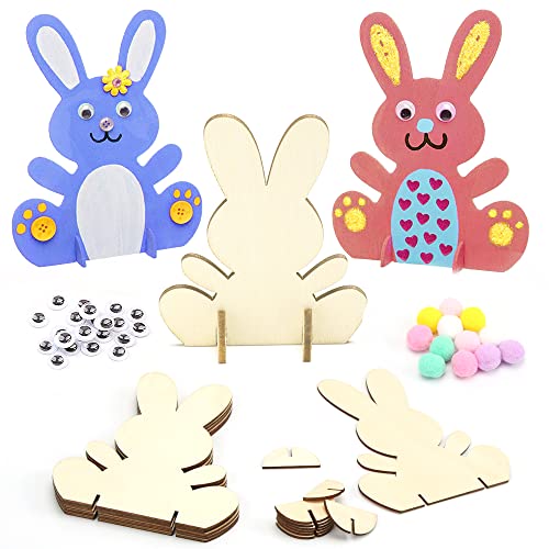 Sprinlot Hasen aus Holz zum Bemalen, 12 Stück DIY Osterhase Deko mit Bunte Mini Pompons und Kulleraugen, Osterhase Kinder Bastelsets, Holz Bastelset Kinder für Bastelzubehör Dekorationen von Sprinlot