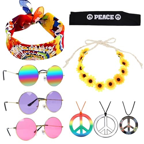 Sprinlot Hippie Kostüm Damen Herren, 3 Stück Hippie Brille mit Stirnband, Peace Kette Hippie, Hippie Kostüm Accessoires für Fasching Karneval Party Lernspielzeug, C11 von Sprinlot