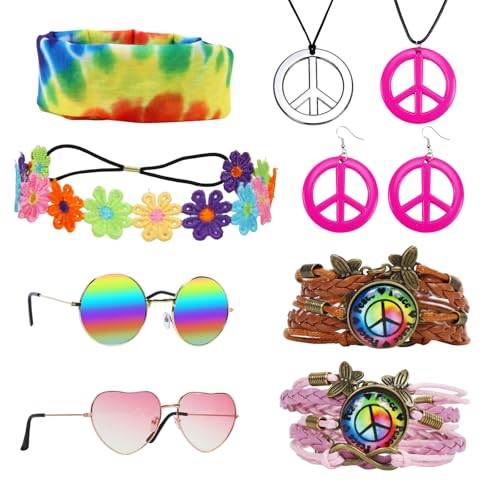 Sprinlot Hippie Kostüm Damen Herren, Hippie Brille mit Stirnband, Peace Kette Hippie, Hippie Kostüm Accessoires für Fasching Karneval Party, Lernspielzeug, C11 Sprinlot Hippie Kostüm Damen Herren, Hippie Brille mit Stirnband, Peace Kette Hippie, Hippie Kostüm Accessoires für Fasching Karneval Party, Lernspielzeug, C11 von Sprinlot