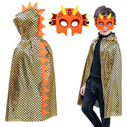 Sprinlot Dinosaurier Kostüm Kinder,Drachen Kostüm Fasching,Dinosaurier Umhang für Junge Mädchen,Dino Kostüme mit Maske,Geeignet für Höhe 100-140cm (Gold) von Sprinlot