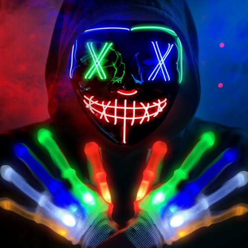 Sprinlot LED Halloween Maske, Beleuchtete Purge Maske, Gesichtsmaske Leuchtende Handschuhe-Set, Leuchtmaske Halloweenmaske für Kinder Männer Frauen Halloween Kostüm Cosplay Festival Party Sprinlot LED Halloween Maske, Beleuchtete Purge Maske, Gesichtsmaske Leuchtende Handschuhe-Set, Leuchtmaske Halloweenmaske für Kinder Männer Frauen Halloween Kostüm Cosplay Festival Party von Sprinlot