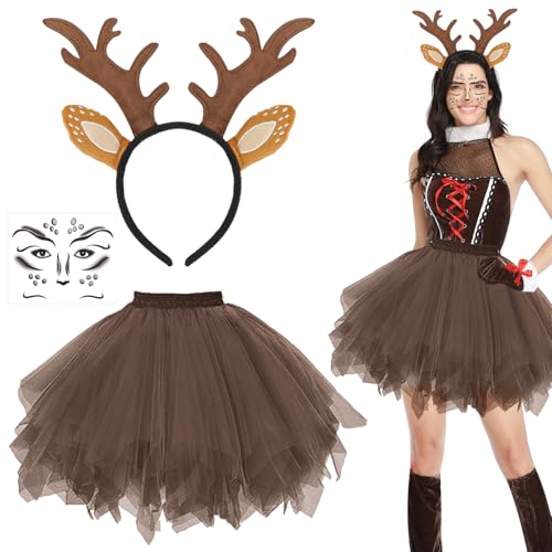 Sprinlot Rentier Haarreif Kostüm Damen, Reh Tüllrock Geweih Ohren Haarreif, Geweih Haarreif mit Rentier Gesicht Tattoo Aufkleber, Reh Kostüm Accessoires Weihnachten Karneval Cosplay, Ertong, C12 Sprinlot Rentier Haarreif Kostüm Damen, Reh Tüllrock Geweih Ohren Haarreif, Geweih Haarreif mit Rentier Gesicht Tattoo Aufkleber, Reh Kostüm Accessoires Weihnachten Karneval Cosplay, Ertong, C12 von Sprinlot
