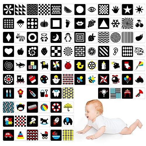100 Seiten Schwarz-Weiß-Bunte Baby-Visuelle Stimulus-Flashkarte, 50 Stück Hoher Kontrast Baby-Flashkarten Sensorisches Spielzeug als Geschenk für Neugeborene (2 Stufen 0-6 Monate, 14cm x 14cm) von SpriteGru
