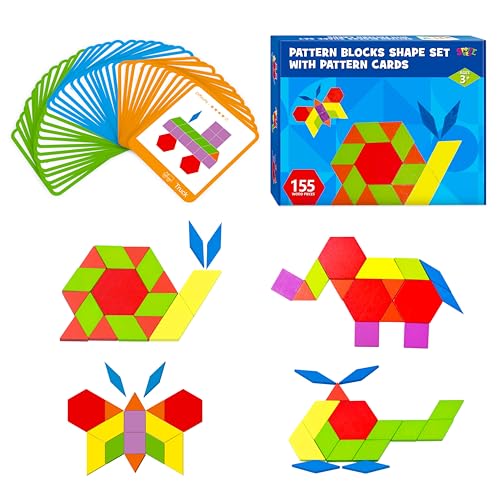 155 STK. Holz-Puzzle-Set mit Musterblöcken, 24 doppelseitigen Designkarten (48 Muster), geometrisches Formenpuzzle, lustiges Tangram-Montessori-Lernspielzeug für Kinder im Alter von 4-8 Jahren von SpriteGru