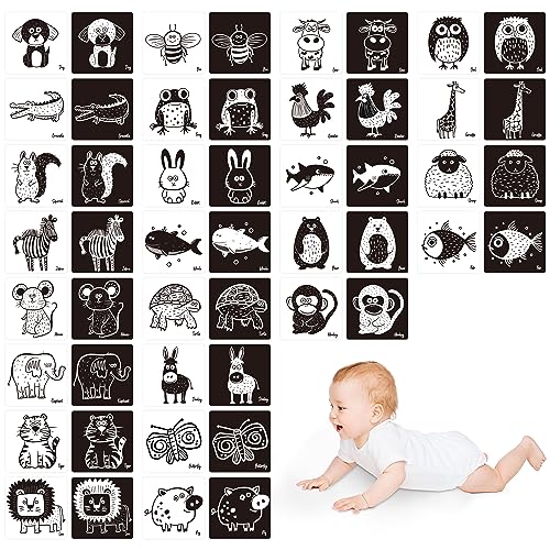 25 Stück Baby-Visuelle-Stimulationskarten, doppelseitige kontrastreiche Schwarz-Weiß-Blitzkarten, Sensorische Entwicklungs-Montessori-Kartenset (14cm x 14cm) von SpriteGru
