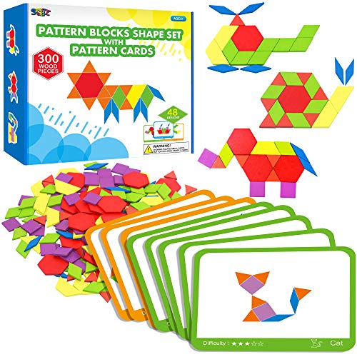300 Holzmusterblöcke für Kinder mit 24 Doppelseitigen Designkarten (48 Muster) und Aufbewahrungstasche in Geschenkbox, Lustiges Montessori-Lernspielzeug von SpriteGru