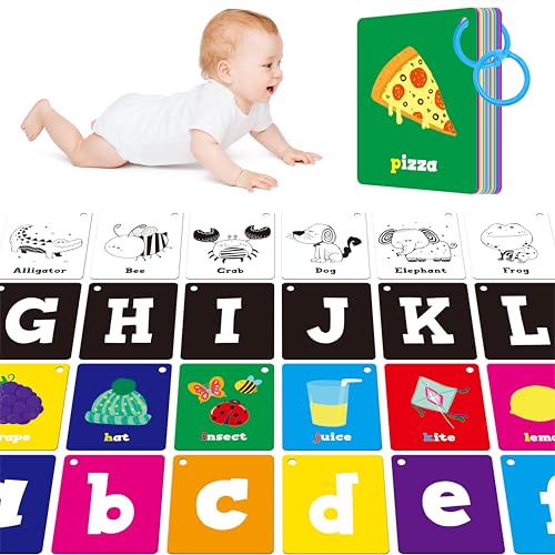 52 PCS Baby-Visuelle Stimulationskarten, Doppelseitige Hochkontrast Schwarz-Weiß, Bunte Alphabet-Wörter Lernkarten, Set für Visuelle Sensorische Entwicklung nach Montessori 52 PCS Baby-Visuelle Stimulationskarten, Doppelseitige Hochkontrast Schwarz-Weiß, Bunte Alphabet-Wörter Lernkarten, Set für Visuelle Sensorische Entwicklung nach Montessori von SpriteGru