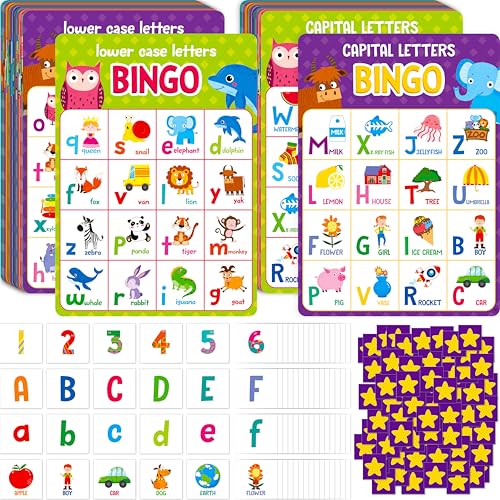 Alphabet & Zahlen Bingo-Spiel, Groß-/Kleinbuchstaben, 52 erste Wörter & 20 Zahlen Lernen - ABC und 123 Bingo-Brettspiel für Kinder von 4-8 Jahren (bis zu 25 Spieler) von SpriteGru