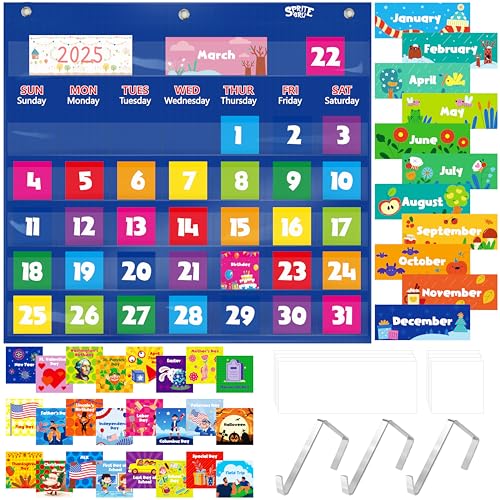 Kalender-Taschendiagramm, monatliches Taschendiagramm für Klassenzimmer mit 76 Karten (68 illustrierte Aktivitätskarten, 8 trocken abwischbare leere Karten) plus 3 Metallaufhänger über der Tür von SpriteGru