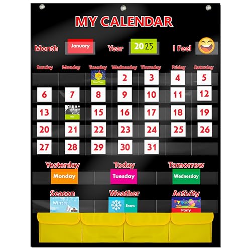 Kalender- und Wetterkarte mit Taschen und 148 Karten (108 illustrierte Aktivitätskarten, 40 trocken abwischbare Flash-Karten und 3 Haken; 71 cm x 90 cm, schwarz) von SpriteGru
