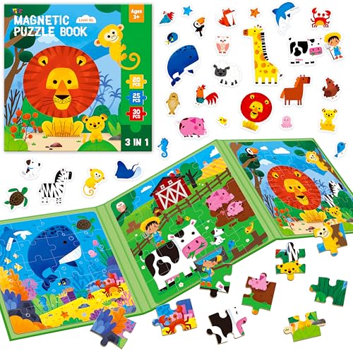 Magnetische Puzzles für Kinder von 3-5 Jahren, 3 Reisepuzzles mit 20/25/30 Teilen, Sudoku-Puzzle-Spiele, magnetische Puzzles für den Vorschulbereich (Tierthema) von SpriteGru