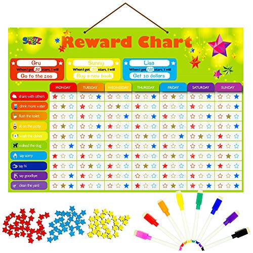 Magnetisches Belohnungsverhaltensdiagramm für Kinder, Enthält 8 Marker, 60 illustrierte Aufgaben mit Schaumstoffunterlage, 300 Sterne in Rot Gelb Blau, X-Groß 43 x 30,5 cm, Aufhängeöse Bereit von SpriteGru
