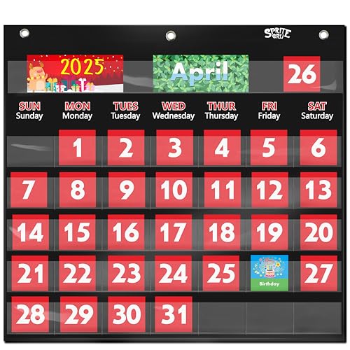 Schwarz Kalender-Diagramm mit Taschen und 76 Karten (68 illustrierte Aktivitätskarten, 8 trocken abwischbare Flash-Karten und 3 Haken 51 cm x 48 cm) von SpriteGru