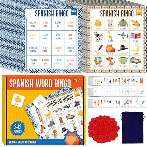Spanisches Bingo-Spiel, 12 Bingo-Karten, spanisches Vokabelspiel, zweisprachiges Wort-Bingo-Spiel, Lernspielzeug für Spanischlernende - ab 5 Jahren (bis zu 12 Spieler) von SpriteGru