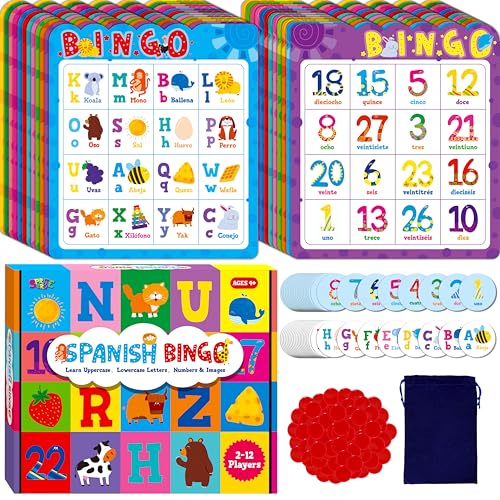 Spanisches Bingo-Spiel, 12 Bingo-Karten mit spanischen Buchstaben, Zahlen & Wörtern, Vokabel-Lernspiel, frühpädagogisches Spielzeug zum Spanischlernen - ab 4 Jahren (bis zu 12 Spieler) von SpriteGru