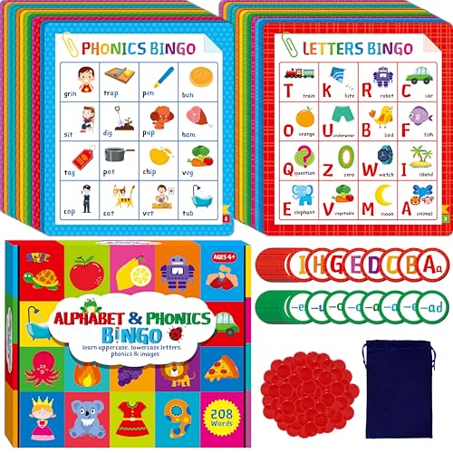 SpriteGru Alphabet & Phonics Bingo-Spiel, 12 Bingo-Boards mit ABC-Buchstaben, CVC-Wortmischungen Phonetikspiel, Buchstaben Phonetikbewusstsein Frühe Bildungslernspielzeuge - Für Kinder ab 4 Jahren von SpriteGru