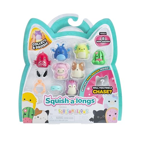 Squish-a-longs 8 Stück (Stil 3 - W2) – (8) 2,5 cm Mini-Squish mit (2) Zubehör, (1) Ring und einem Sammlerhandbuch – Sammeln, Handeln und Spielen von Squish-a-longs
