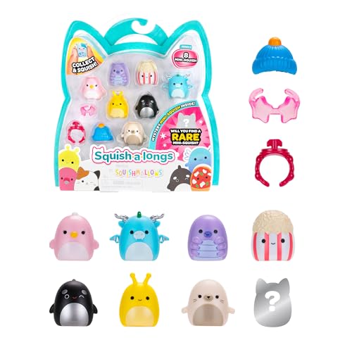 Squish-a-longs SQAL0027-8er Pack, enthält 8X 2,5 cm Mini-Squish mit 2X Accessoires, 1x Ring und 1x Collectors Guide (Welle 3, Stil 2) - Sammeln, Tauschen und Spielen von Squish-a-longs