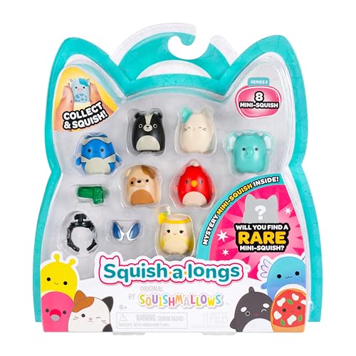 Squish-a-longs SQAL0086-8er Pack, enthält 8X 2,5 cm Mini-Squish mit 2X Accessoires, 1x Ring und 1x Collectors Guide (Welle 3, Stil 4) - Sammeln, Tauschen und Spielen von Squish-a-longs