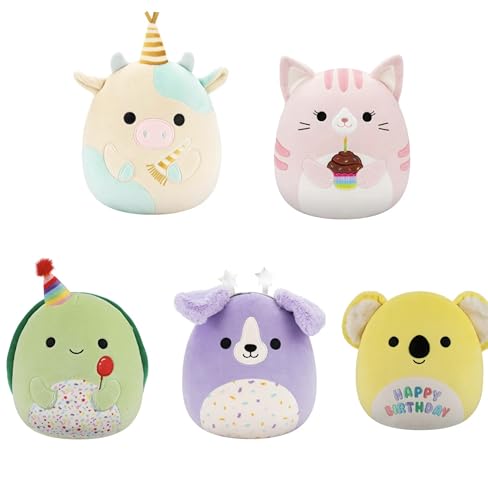 Squishmallows 2025 Original Happy Birthday Squad Plüsch Kuh Katze Schildkröte Retriever Koala Sammlerstück Weiches & Squishy Mini Stofftier Spielzeug - Fügen Sie Ihrem Trupp hinzu (5er Set) von Squishmallows