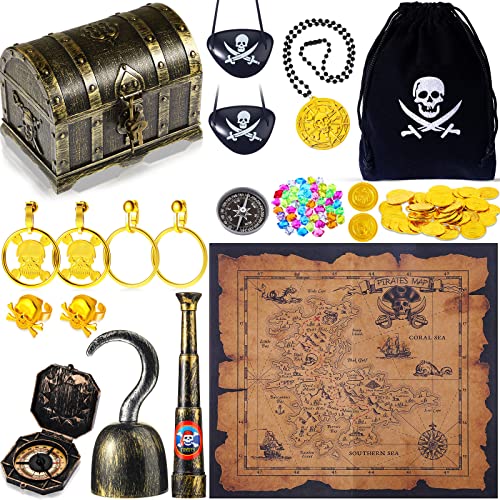 Piraten-Schatzspielzeug, Piraten-Schatzkiste mit Münzen, Juwelen, Edelsteinen und Piratenkarte, Kompass, Teleskop für Jungen, Mädchen, Halloween, Cosplay, Requisiten, Piraten-Themenparty, Dekoration von Sratte
