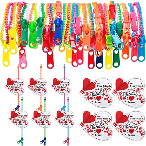 Sratte 50 Stück Freundschaftsarmbänder zum Valentinstag, Neonfarben, Großpackung mit 50 Herzkarten für Valentinstag, Geburtstag, Geschenktüten (Harz, Reißverschluss-Armband) von Sratte