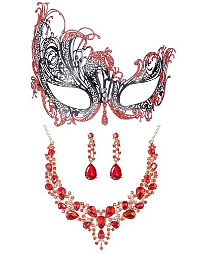 Sratte Maskenmasken-Set mit Halskette, Ohrringen, venezianischer Halloween-Maske für Damen, Kostüm-Zubehör, Cosplay-Party (schwarz und rot) von Sratte