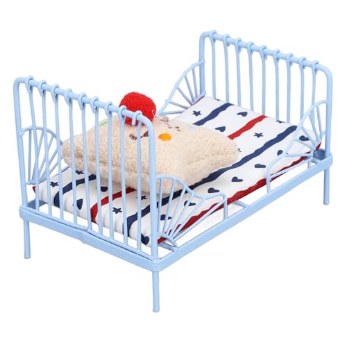Dollhouse Metal Bed 1:12 Puppenbett für Schlafzimmer, Mini-Möbel, niedliches Modell, Schwamm, Stoff, Mini-Bett, Vintage, Metall, Puppenbett (gestreiftes Muster) von Srliya