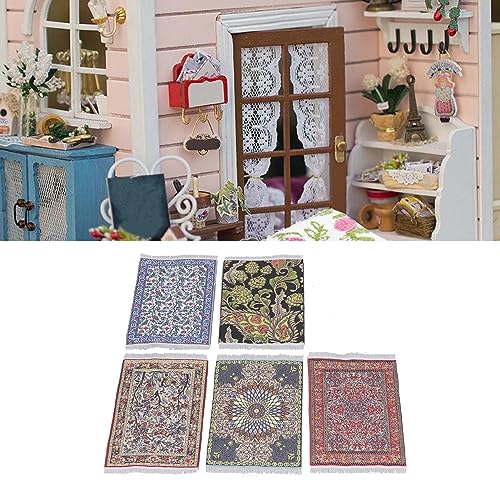 Miniatur-Puppenhaus-Teppiche, Matten mit Vintage-Blumenmuster und Weißen Quasten für DIY-Projekte, Webstoffmaterial, 5er-Set von Srliya
