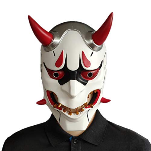 Srliya Halloween-Dekorationen, Halloween-Cosplay-Maske, Vollgesichtsmaske mit Reißzähnen, Japanische Samurai-Cosplay-Maske, Gruselige Requisiten Erwachsene (Schwarz, Weiß, Rot) von Srliya
