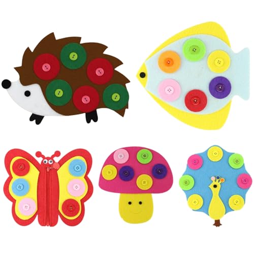 Beschäftigter Vorstand Montessori Toys, 5pcs Nicht gewebter Stoff Montessori Beschäftigtes Board mit Igel, Pilz, Fisch, Pfau und Schmetterling, Bildungsschifft mit Bildungsknopf für Kleinkinder 4+ Ge von Ssguopte