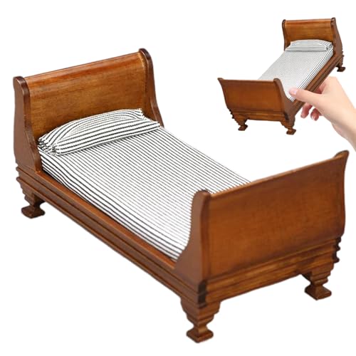 Ssguopte Dollhouse Bed, 1:12 Scale Vintage Single Doll Bed with Mattress & Pillow, 6x3x3 Inch Wooden Dollhouse Furniture, DIY Friendly Miniatures for Scene Ssguopte Dollhouse Bed, 1:12 Scale Vintage Single Doll Bed with Mattress & Pillow, 6x3x3 Inch Wooden Dollhouse Furniture, DIY Friendly Miniatures for Scene von Ssguopte