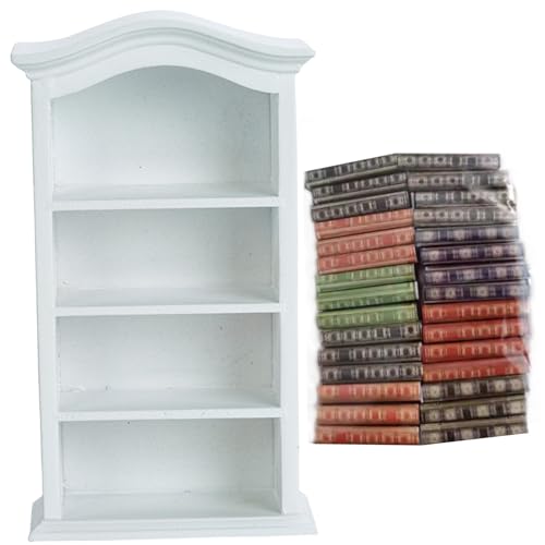 Ssguopte Dollhouse -Bücherregal mit 30 Büchern Holz Miniatur Bücherregal 4 Stockwerke Mini Bücherregal Weiß von Ssguopte