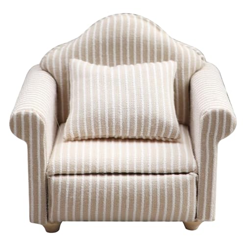 Dollhouse Couch 1/12 Miniatur Beige Stripe Dollhouse Stuhl mit dekorativem Wurfkissen multifunktionale Möbel für Wohnzimmer oder Schlafzimmer, Single Couch von Ssguopte