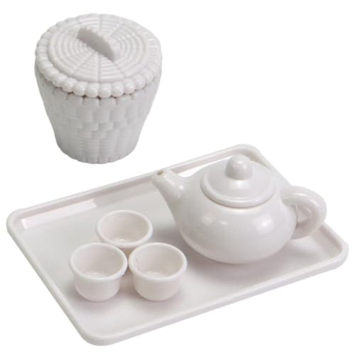 Ssguopte 1/12 Skala Miniature -Tee -Set weiß modernes Plastikpuppenhaus Küchenzubehör mit Teekanne und Tablett von Ssguopte