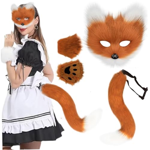 Ssguopte 1 Set Fox -Kostüm, niedliche weiche Flauschige Faux -Pelzkostüm -Set mit Fuchsohren, Schwanz und Fäustlingen für Cosplay -Halloween -Party von Ssguopte
