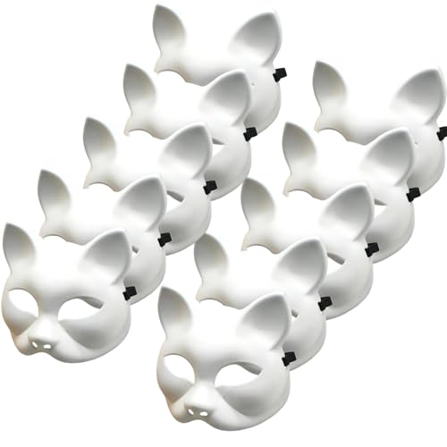 Ssguopte 10pcs leere Katzenmasken weiße Plastik -DIY -halbe Gesichtsmasken mit Gummiband für Malerei, Halloween -Cosplay, Therian Gear Ssguopte 10pcs leere Katzenmasken weiße Plastik -DIY -halbe Gesichtsmasken mit Gummiband für Malerei, Halloween -Cosplay, Therian Gear von Ssguopte
