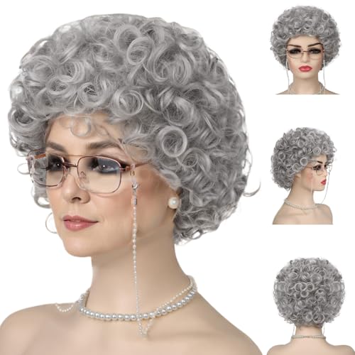 Ssguopte 4PCS Oma Kostüm Set Halloween Old Lady Kostüm für Frauen umfasst Curls Oma Perücke, Perlenkette Ssguopte 4PCS Oma Kostüm Set Halloween Old Lady Kostüm für Frauen umfasst Curls Oma Perücke, Perlenkette von Ssguopte