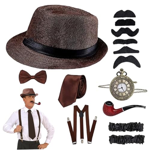 Ssguopte 8pcs/Set 1920 Herrenzubehör Retro 1920 Herren -Outfit -Set umfassen Coffee Fliege Hosenträger Hut Watch Fake Bart und mehr für Partyzubehör von Ssguopte