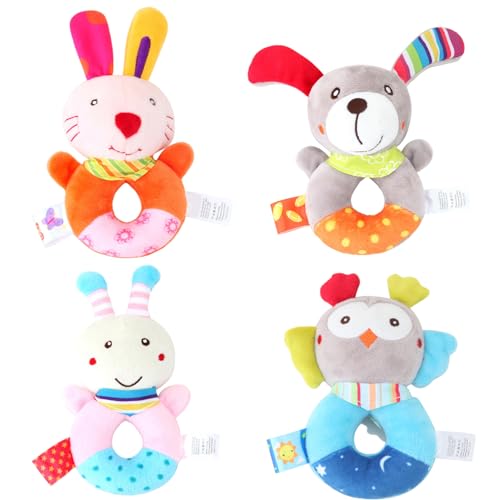 Ssguopte Baby Rassle 4pcs 5 Zoll Bunt & Cartoon Bunny, Hund, Biene und Eulen Kind Rassel Plüsch & Baumwolle gefülltes Babyspielzeug für Entwicklung und interaktives Spiel von Ssguopte