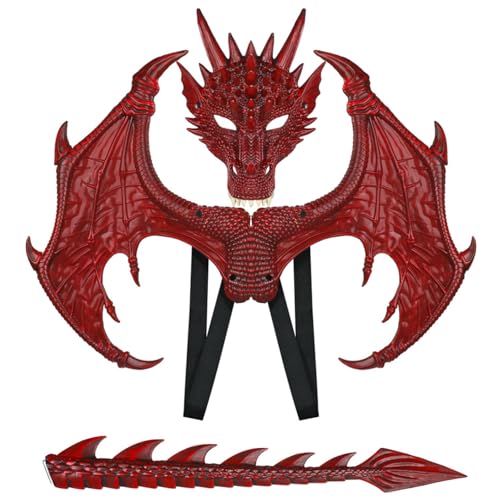 Ssguopte Dragon Kostüm für Kinder Halloween Dragon Kostüm mit Maske, Schwanz und Flügelgummi -Dress -Cosplay für Party Maskerade (rot) von Ssguopte